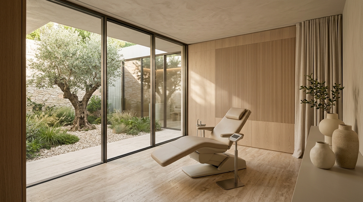 Architectural luxury dental treatment suite overlooking a serene courtyard garden with an olive tree and warm travertine stone