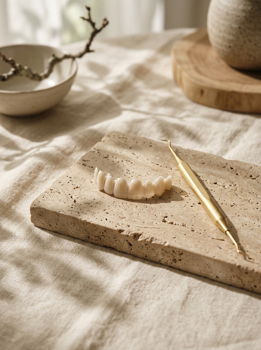 Bespoke handcrafted porcelain veneer restoration resting on sculpted travertine stone beside a precision gold instrument
